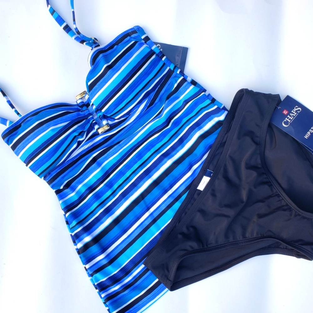 Chaps blue striped two piece bathing suit